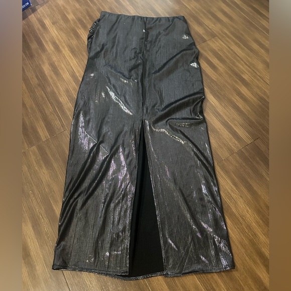 ZARA metallic ruched slit back midi skirt black shiny size small - Picture 9 of 9